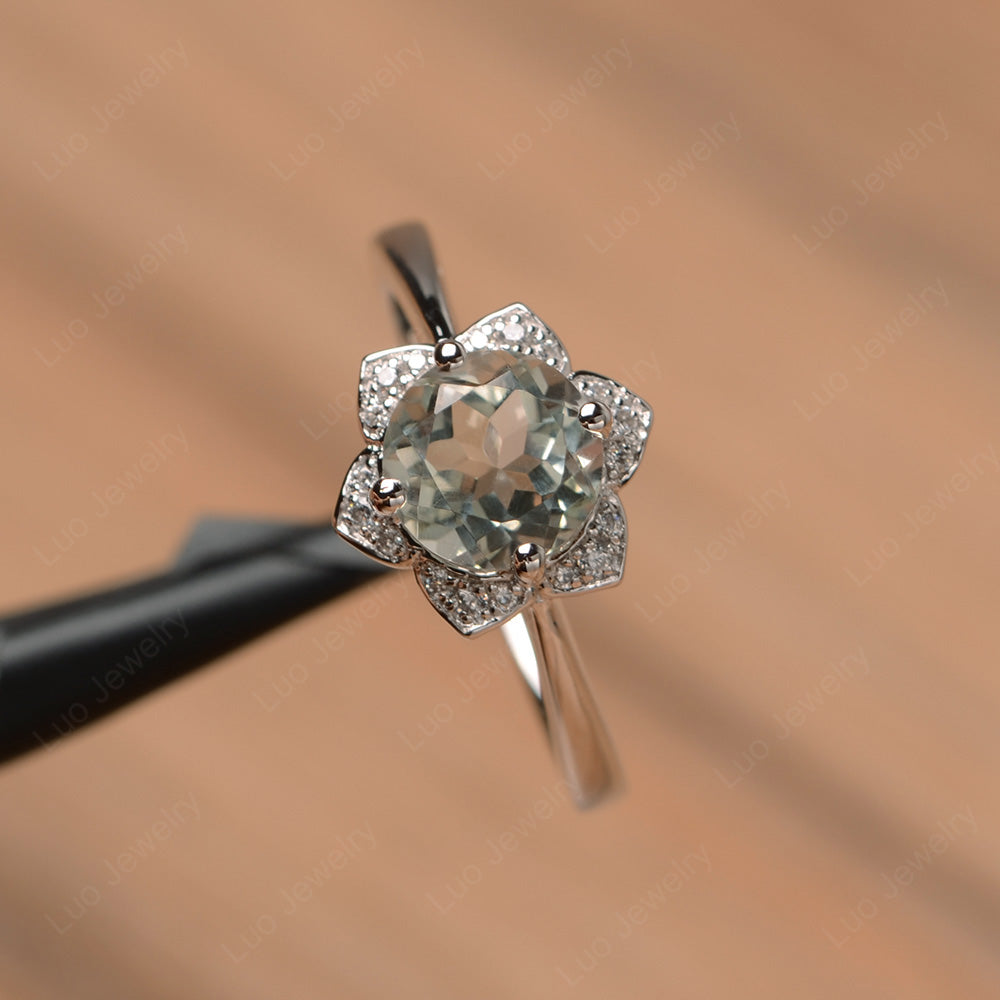 Round Cut Green Amethyst Halo Flower Engagement Ring - LUO Jewelry