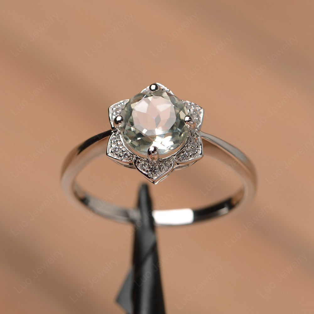 Round Cut Green Amethyst Halo Flower Engagement Ring - LUO Jewelry