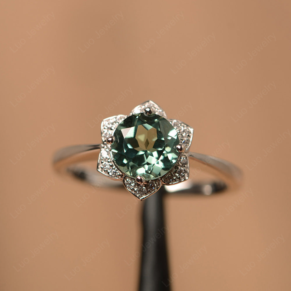 Round Cut Green Sapphire Halo Flower Engagement Ring - LUO Jewelry