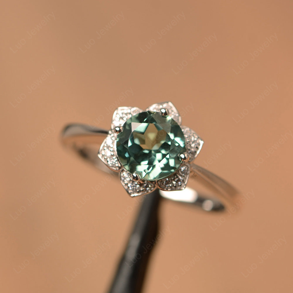 Round Cut Green Sapphire Halo Flower Engagement Ring - LUO Jewelry