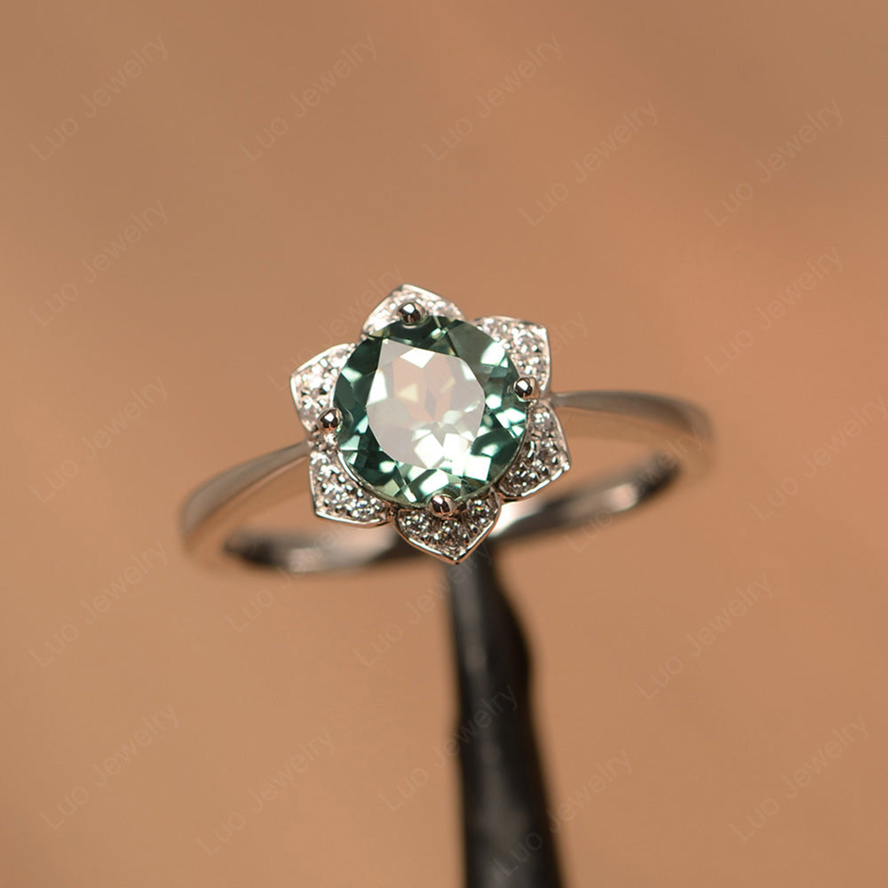 Round Cut Green Sapphire Halo Flower Engagement Ring - LUO Jewelry