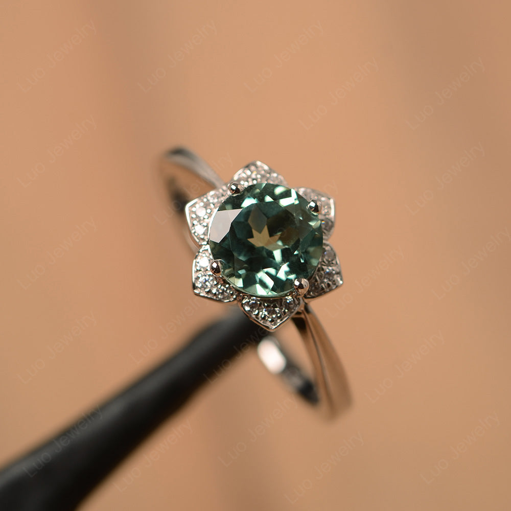 Round Cut Green Sapphire Halo Flower Engagement Ring - LUO Jewelry