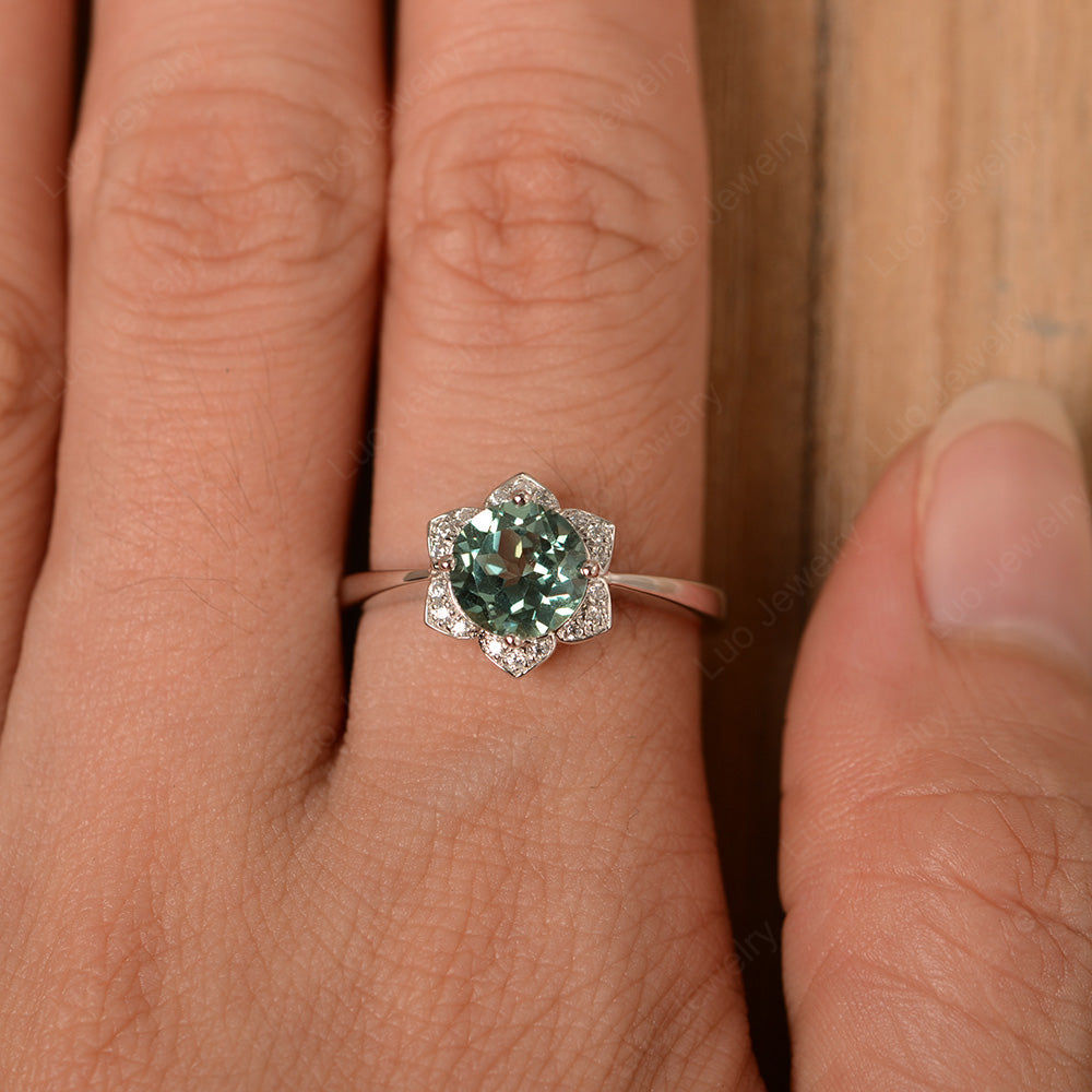 Round Cut Green Sapphire Halo Flower Engagement Ring - LUO Jewelry