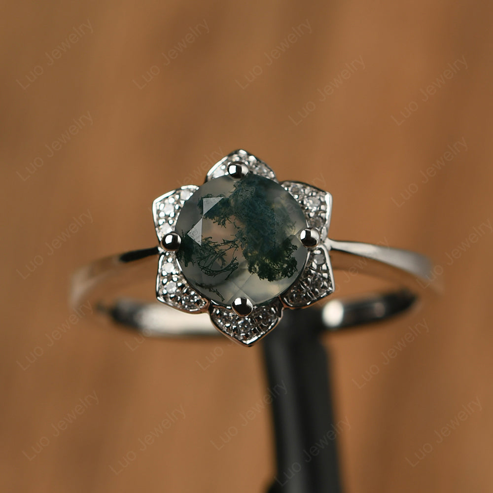 Round Cut Moss Agate Halo Flower Engagement Ring - LUO Jewelry