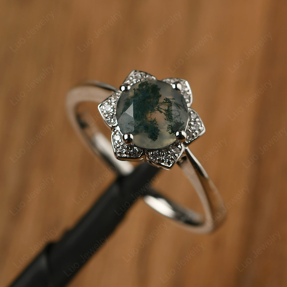 Round Cut Moss Agate Halo Flower Engagement Ring - LUO Jewelry