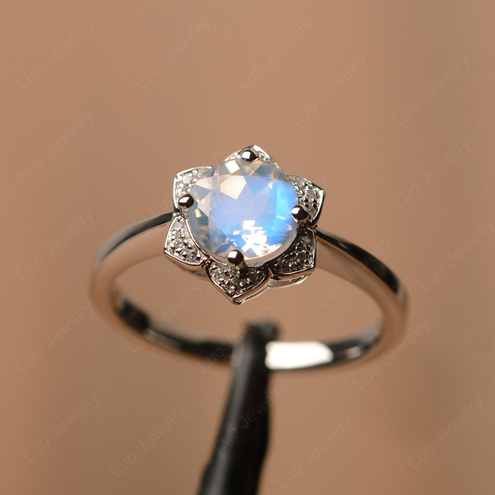 Round Cut Moonstone Halo Flower Engagement Ring - LUO Jewelry