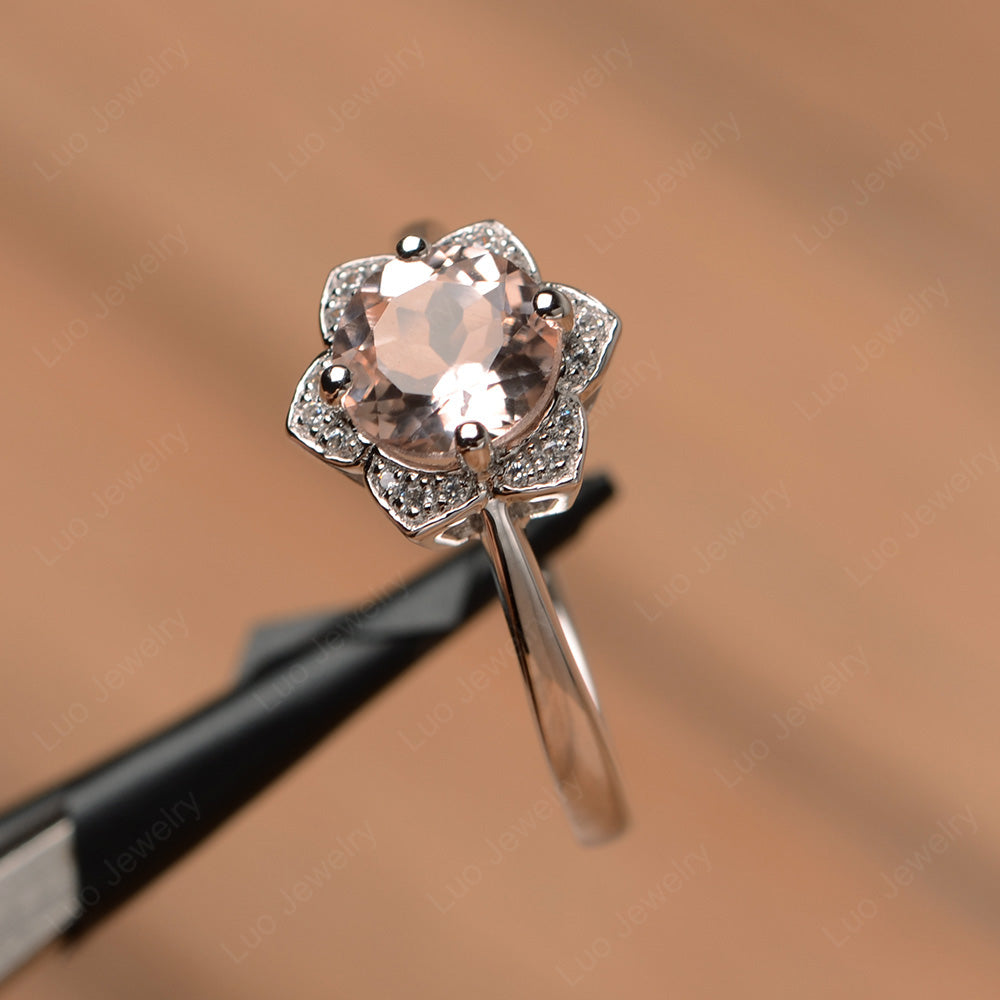 Round Cut Morganite Halo Flower Engagement Ring - LUO Jewelry
