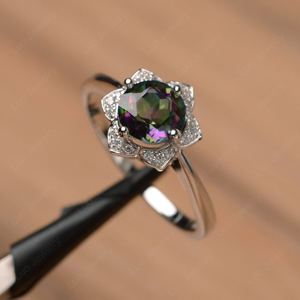 Round Cut Mystic Topaz Halo Flower Engagement Ring - LUO Jewelry