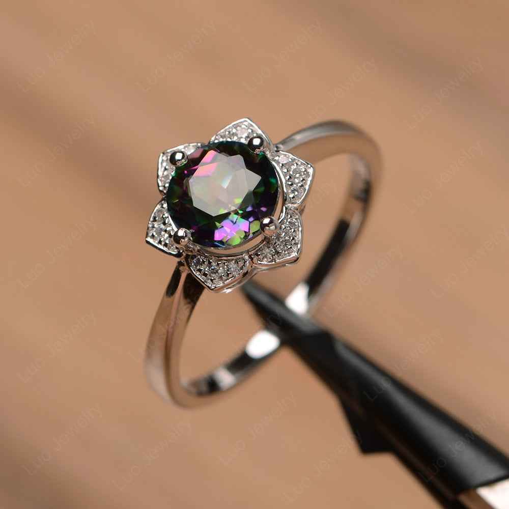 Round Cut Mystic Topaz Halo Flower Engagement Ring - LUO Jewelry