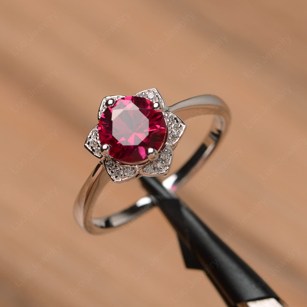 Round Cut Ruby Halo Flower Engagement Ring - LUO Jewelry