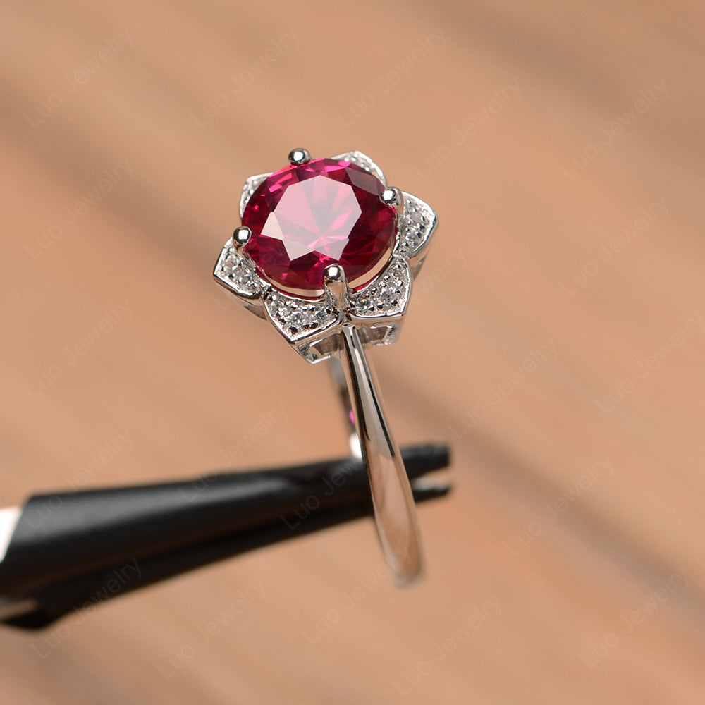 Round Cut Ruby Halo Flower Engagement Ring - LUO Jewelry