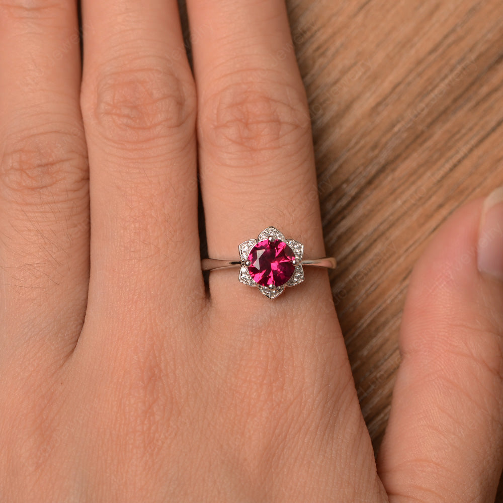 Round Cut Ruby Halo Flower Engagement Ring - LUO Jewelry