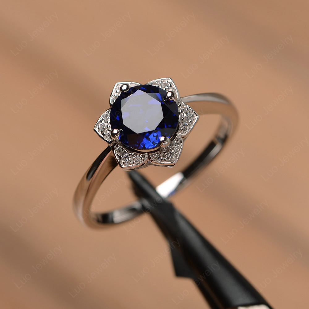 Round Cut Lab Sapphire Halo Flower Engagement Ring - LUO Jewelry