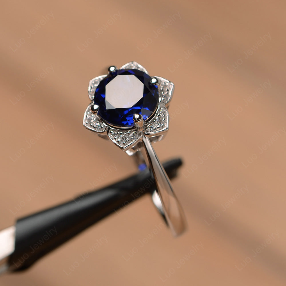 Round Cut Lab Sapphire Halo Flower Engagement Ring - LUO Jewelry