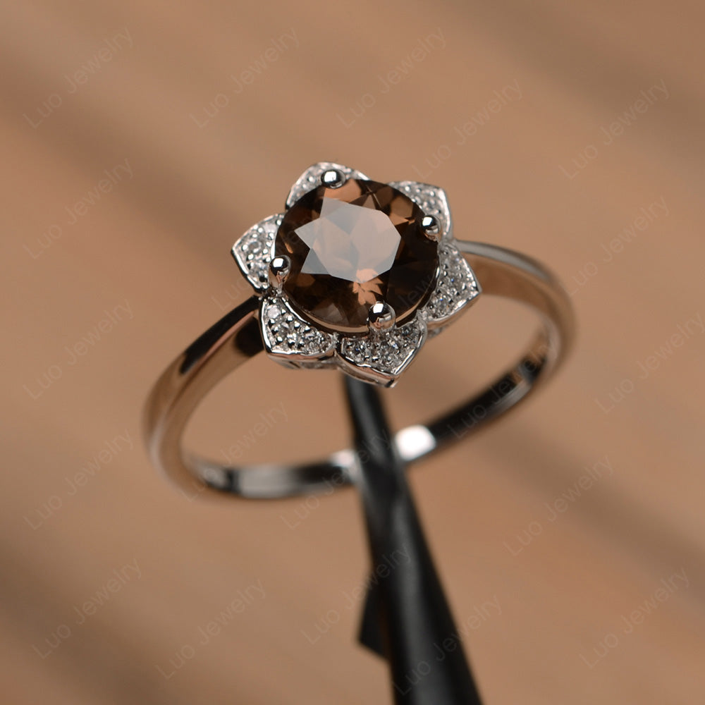 Round Cut Smoky Quartz  Halo Flower Engagement Ring - LUO Jewelry
