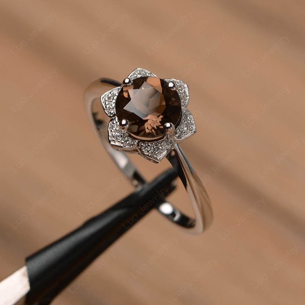 Round Cut Smoky Quartz  Halo Flower Engagement Ring - LUO Jewelry
