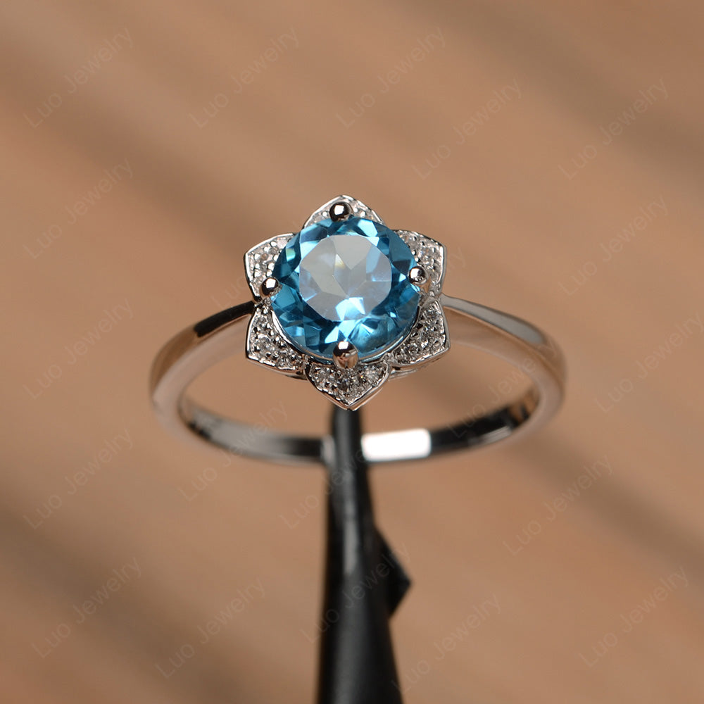Round Cut Swiss Blue Topaz Halo Flower Engagement Ring - LUO Jewelry