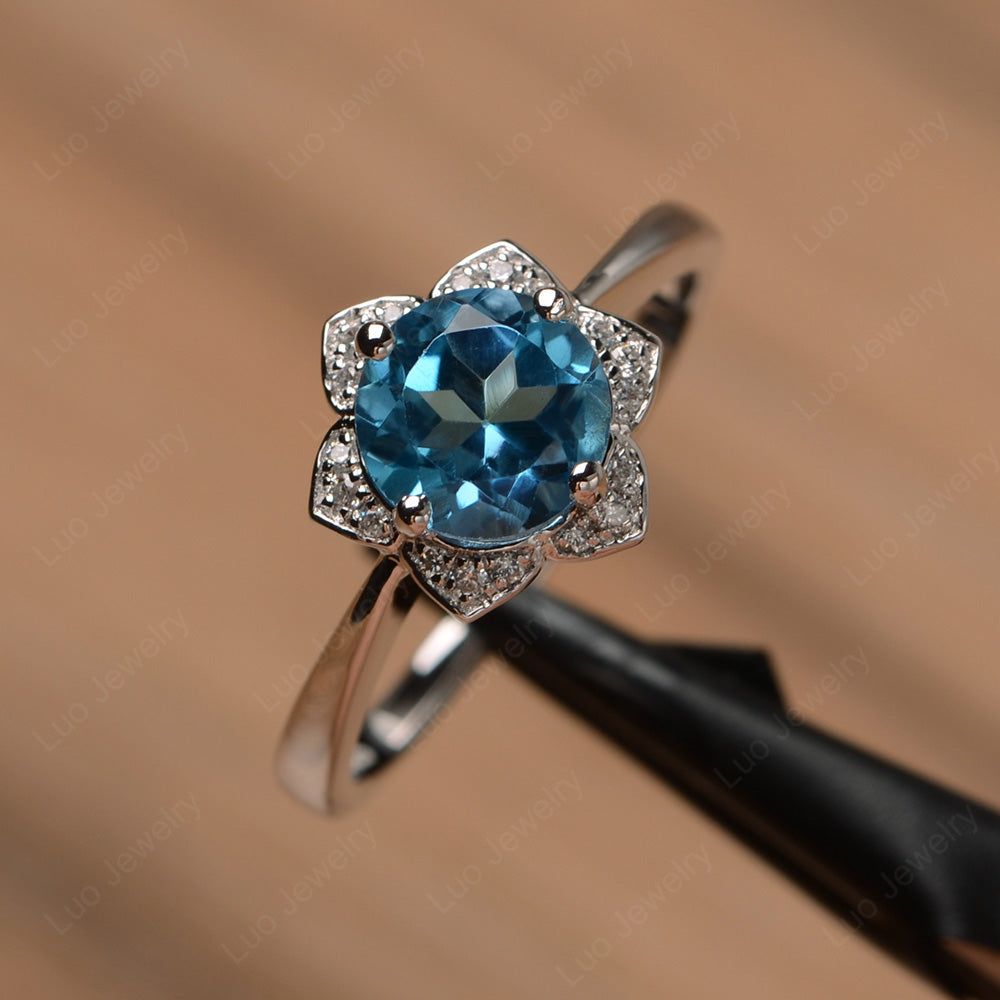 Round Cut Swiss Blue Topaz Halo Flower Engagement Ring - LUO Jewelry