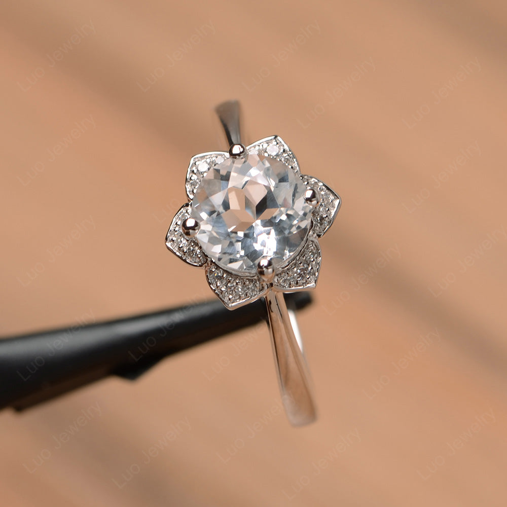 Round Cut White Topaz Halo Flower Engagement Ring - LUO Jewelry