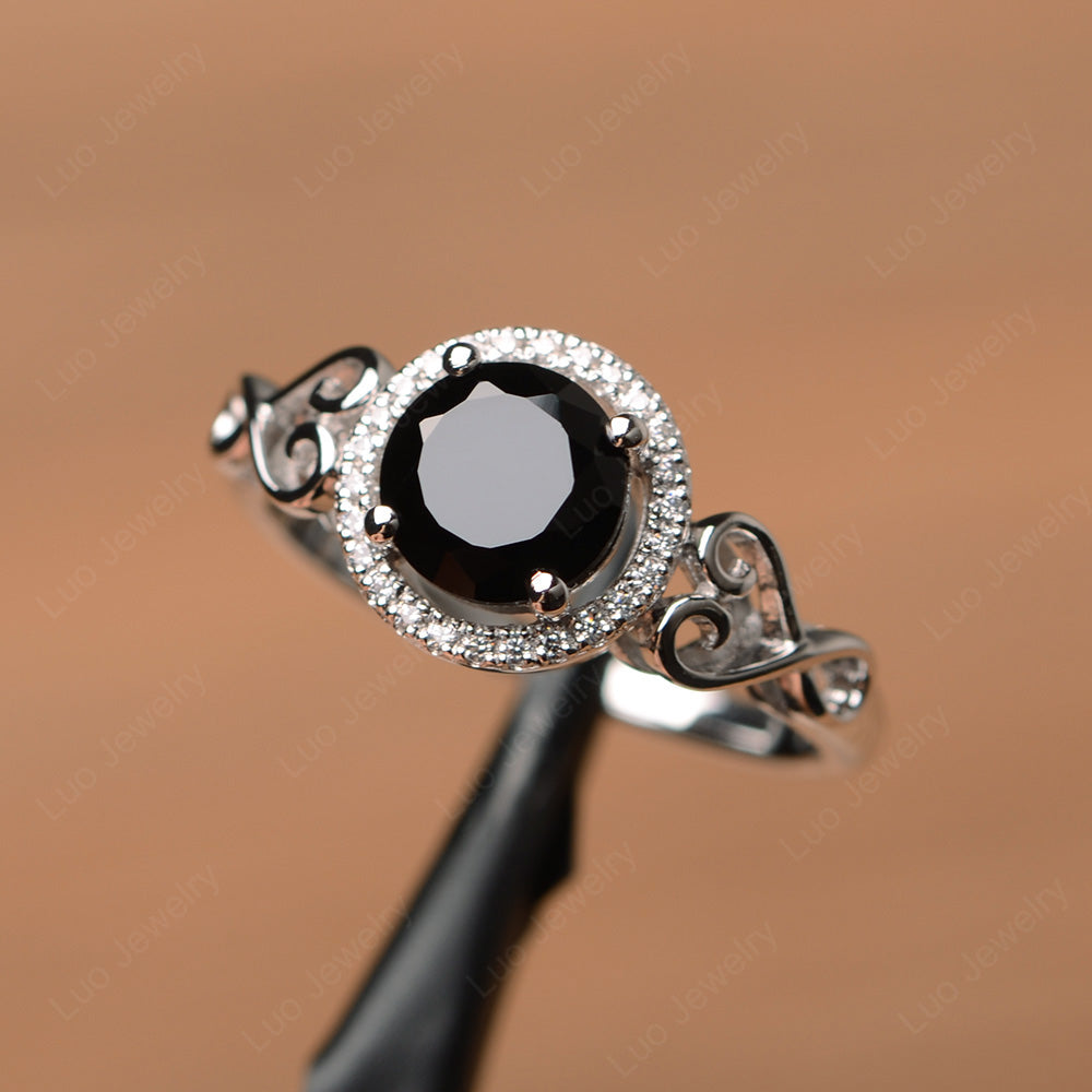 Art Deco Black Stone Halo Engagement Ring - LUO Jewelry