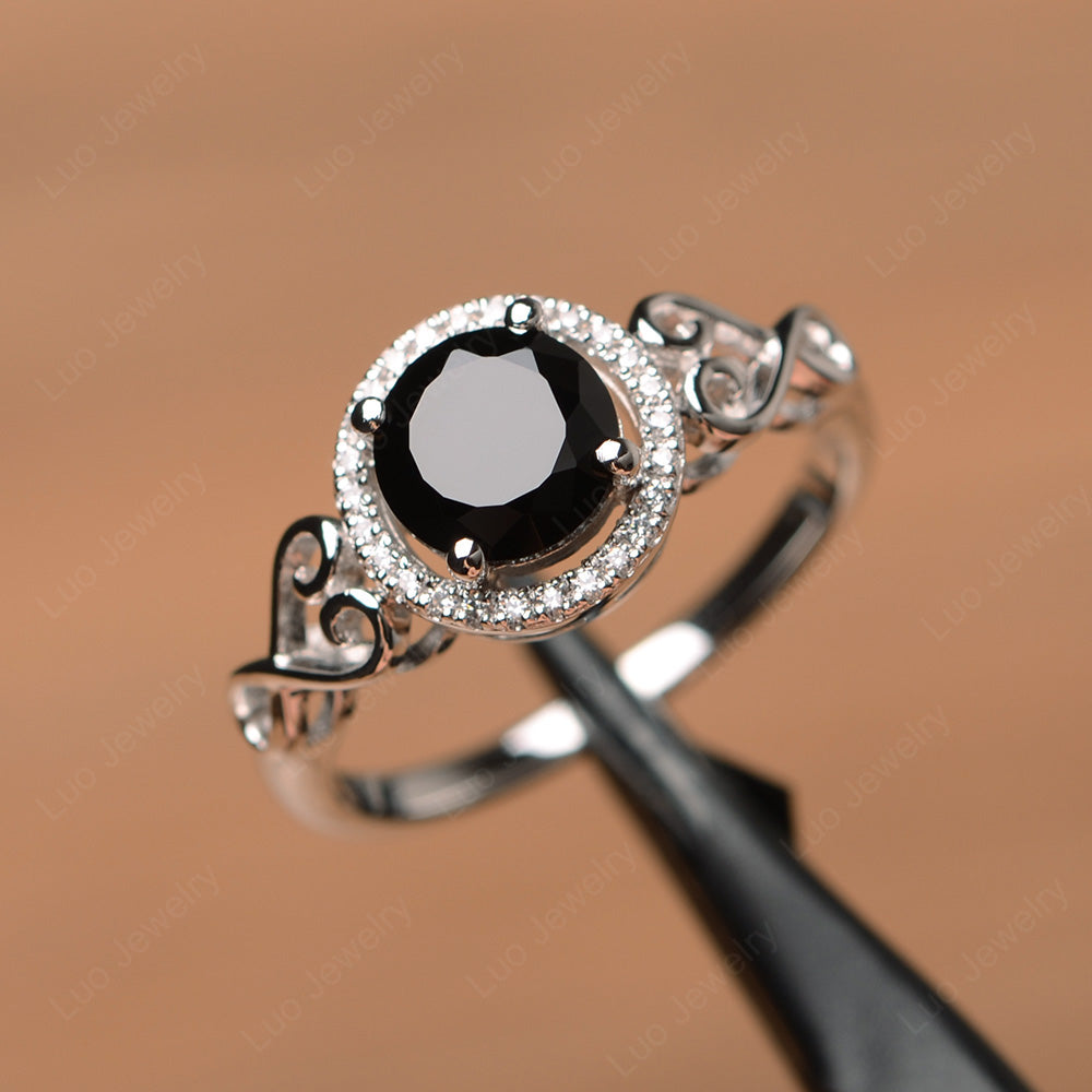 Art Deco Black Stone Halo Engagement Ring - LUO Jewelry