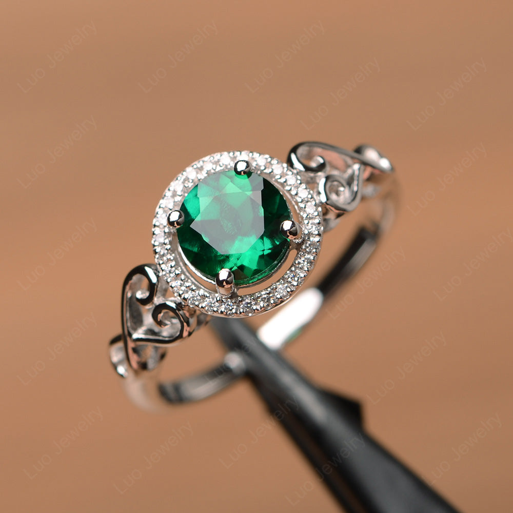 Art Deco Lab Emerald Halo Engagement Ring - LUO Jewelry