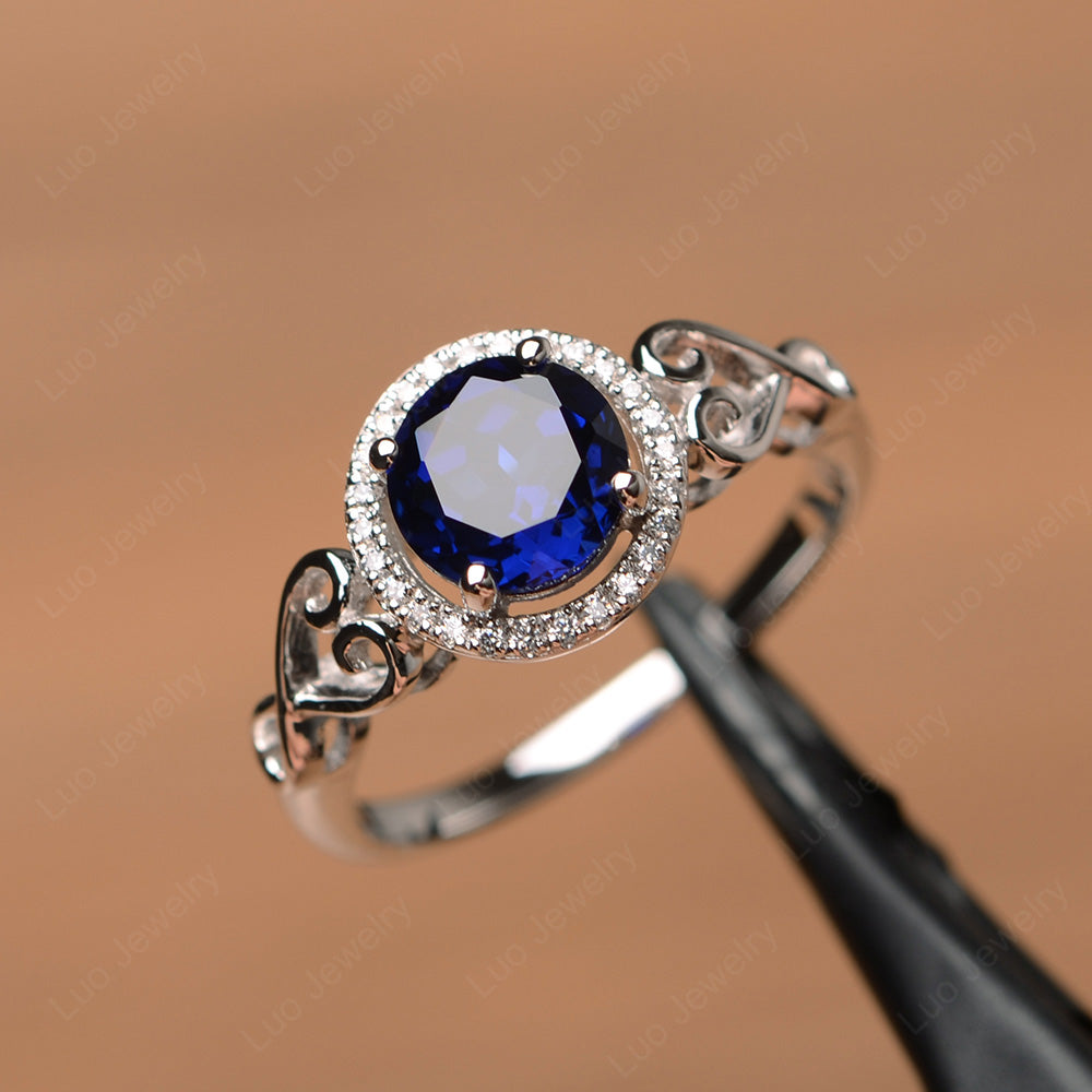 Art Deco Lab Sapphire Halo Engagement Ring - LUO Jewelry