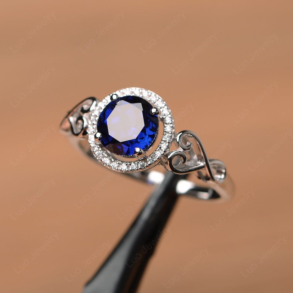 Art Deco Lab Sapphire Halo Engagement Ring - LUO Jewelry