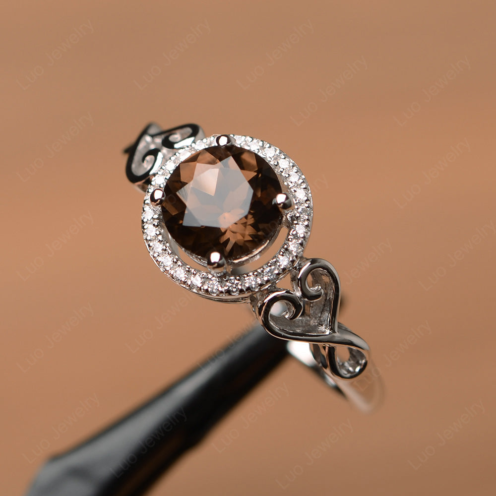 Art Deco Smoky Quartz  Halo Engagement Ring - LUO Jewelry