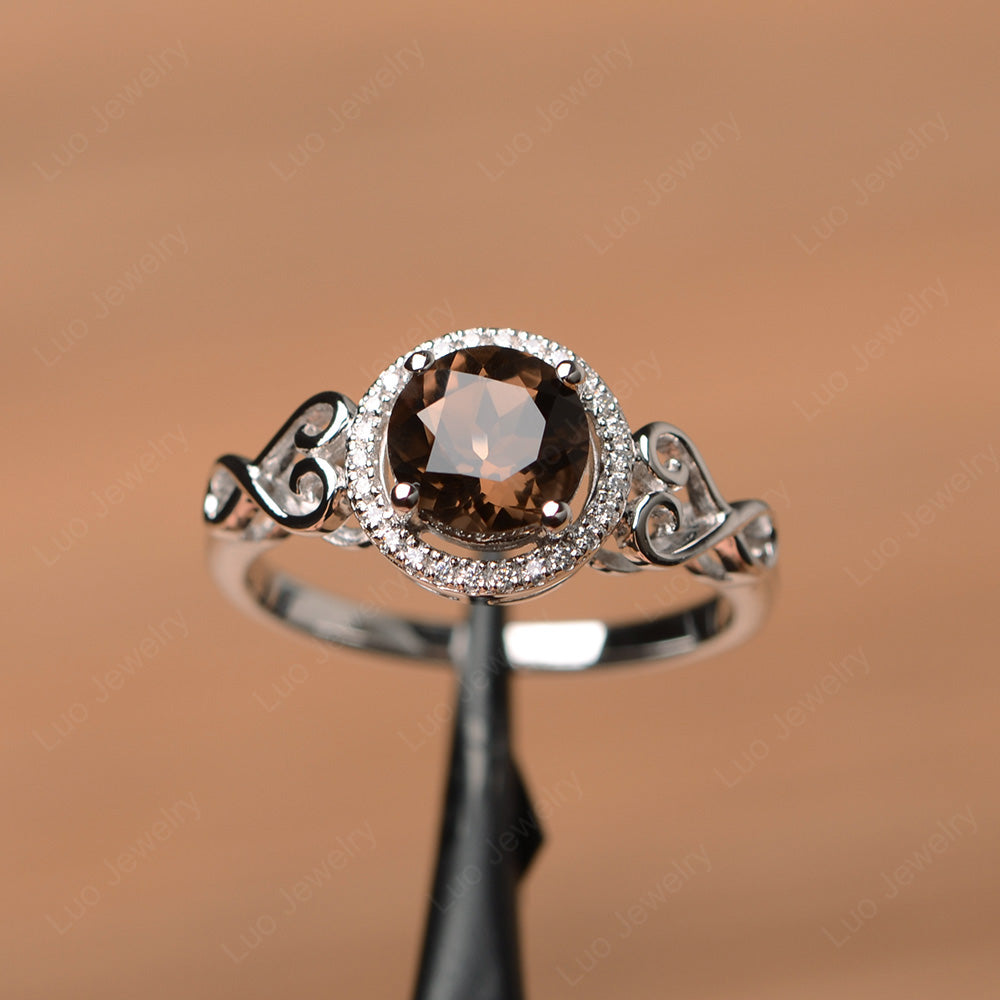 Art Deco Smoky Quartz  Halo Engagement Ring - LUO Jewelry