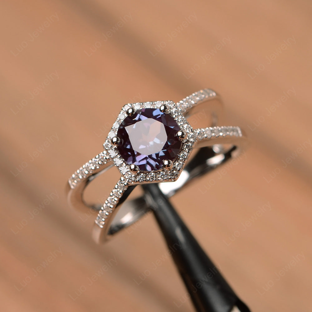 Hexagon Alexandrite Halo Ring With Split Shank - LUO Jewelry