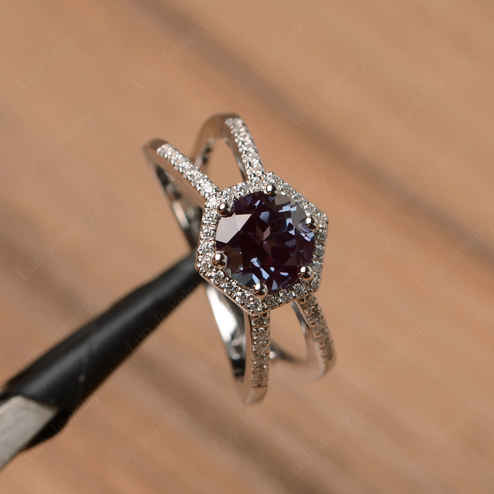 Hexagon Alexandrite Halo Ring With Split Shank - LUO Jewelry