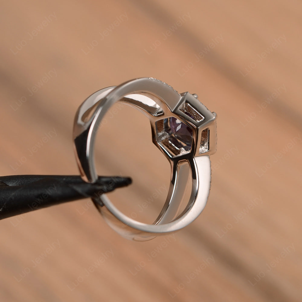 Hexagon Alexandrite Halo Ring With Split Shank - LUO Jewelry