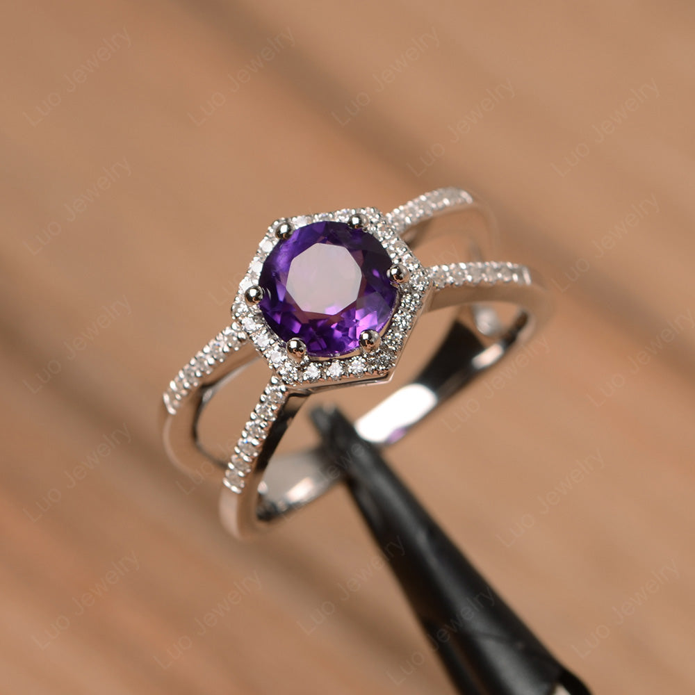 Hexagon Amethyst Halo Ring With Split Shank - LUO Jewelry