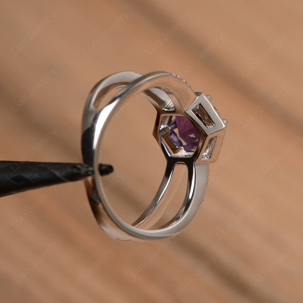 Hexagon Amethyst Halo Ring With Split Shank - LUO Jewelry