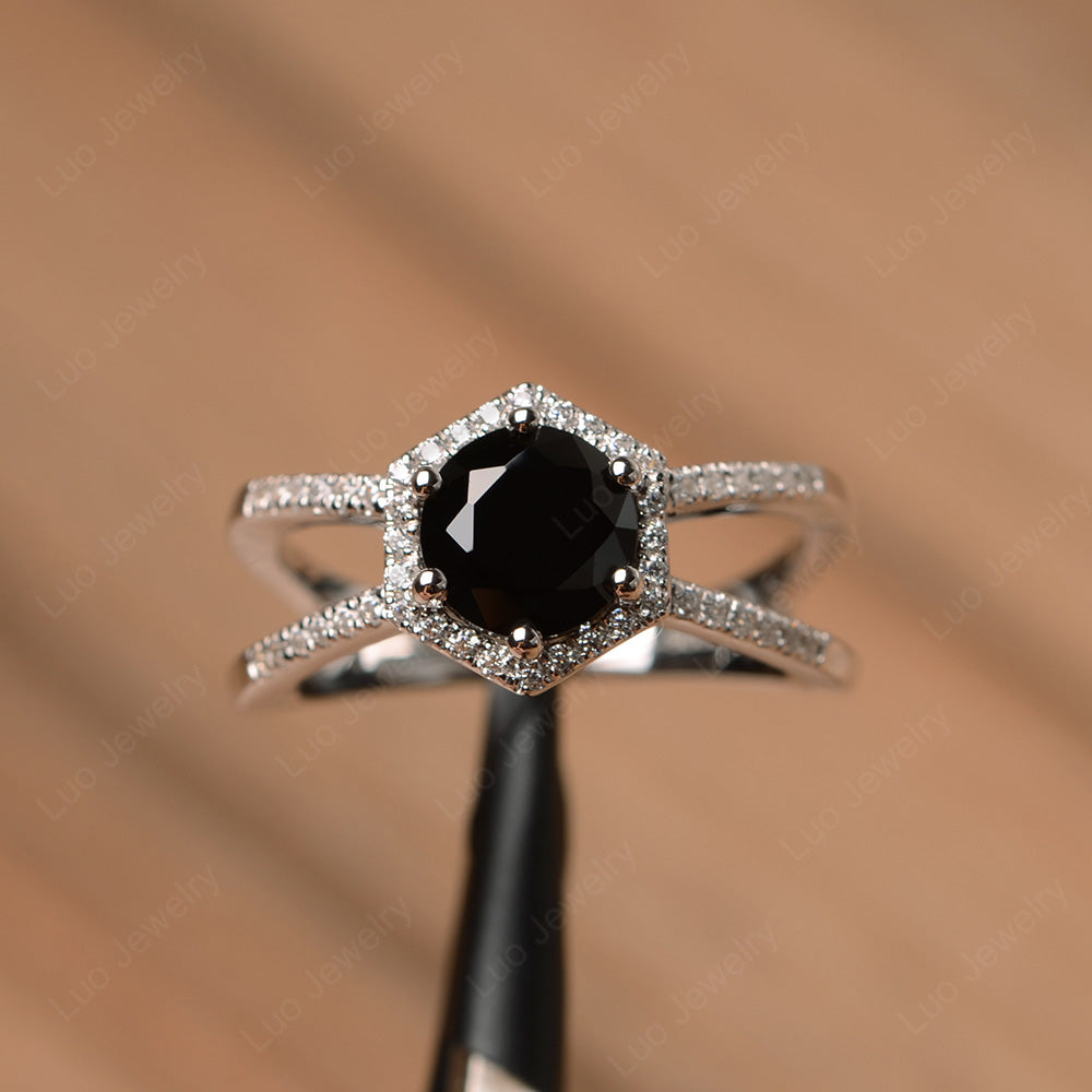 Hexagon Black Stone Halo Ring With Split Shank - LUO Jewelry