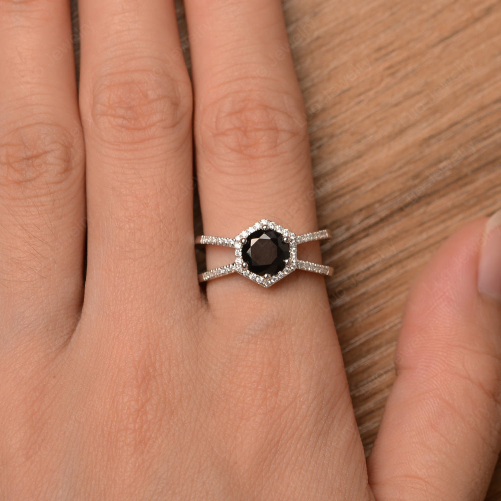 Hexagon Black Stone Halo Ring With Split Shank - LUO Jewelry