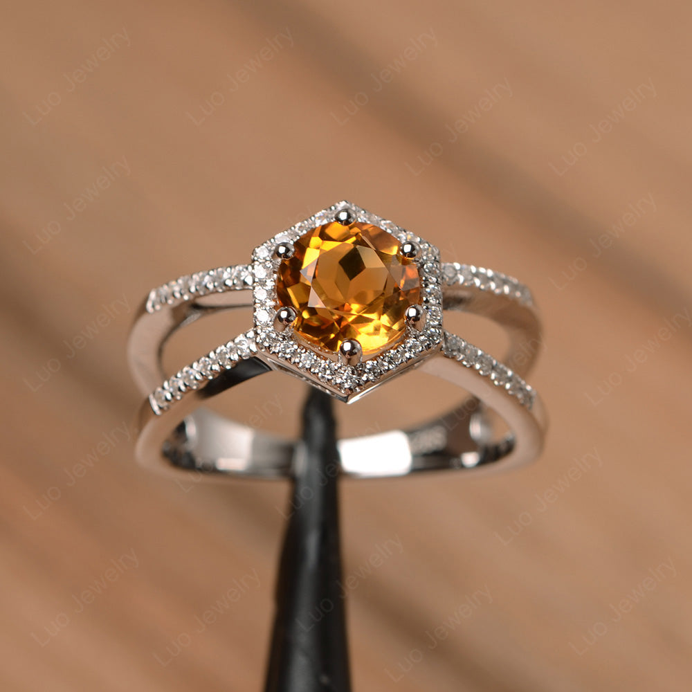 Hexagon Citrine Halo Ring With Split Shank - LUO Jewelry