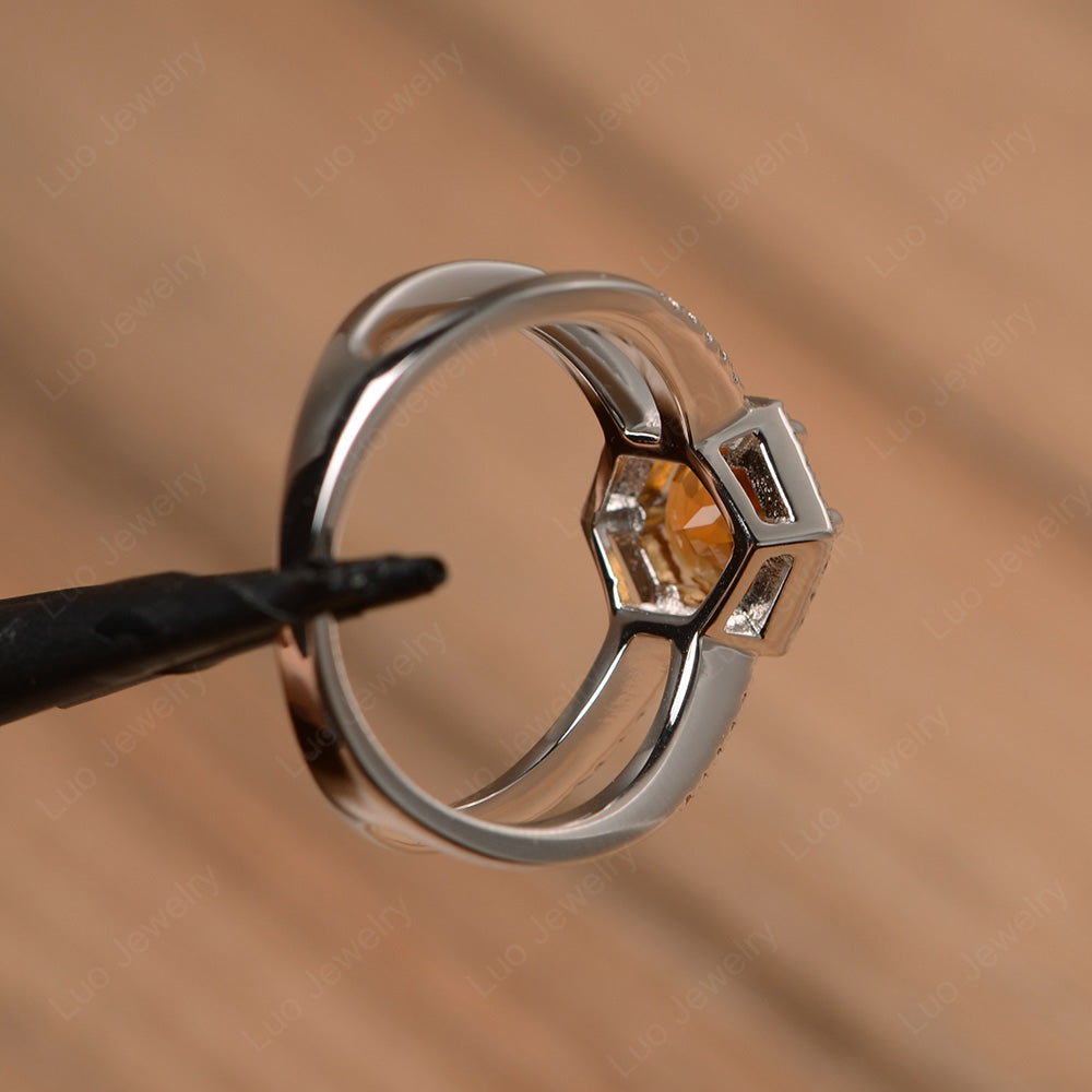 Hexagon Citrine Halo Ring With Split Shank - LUO Jewelry