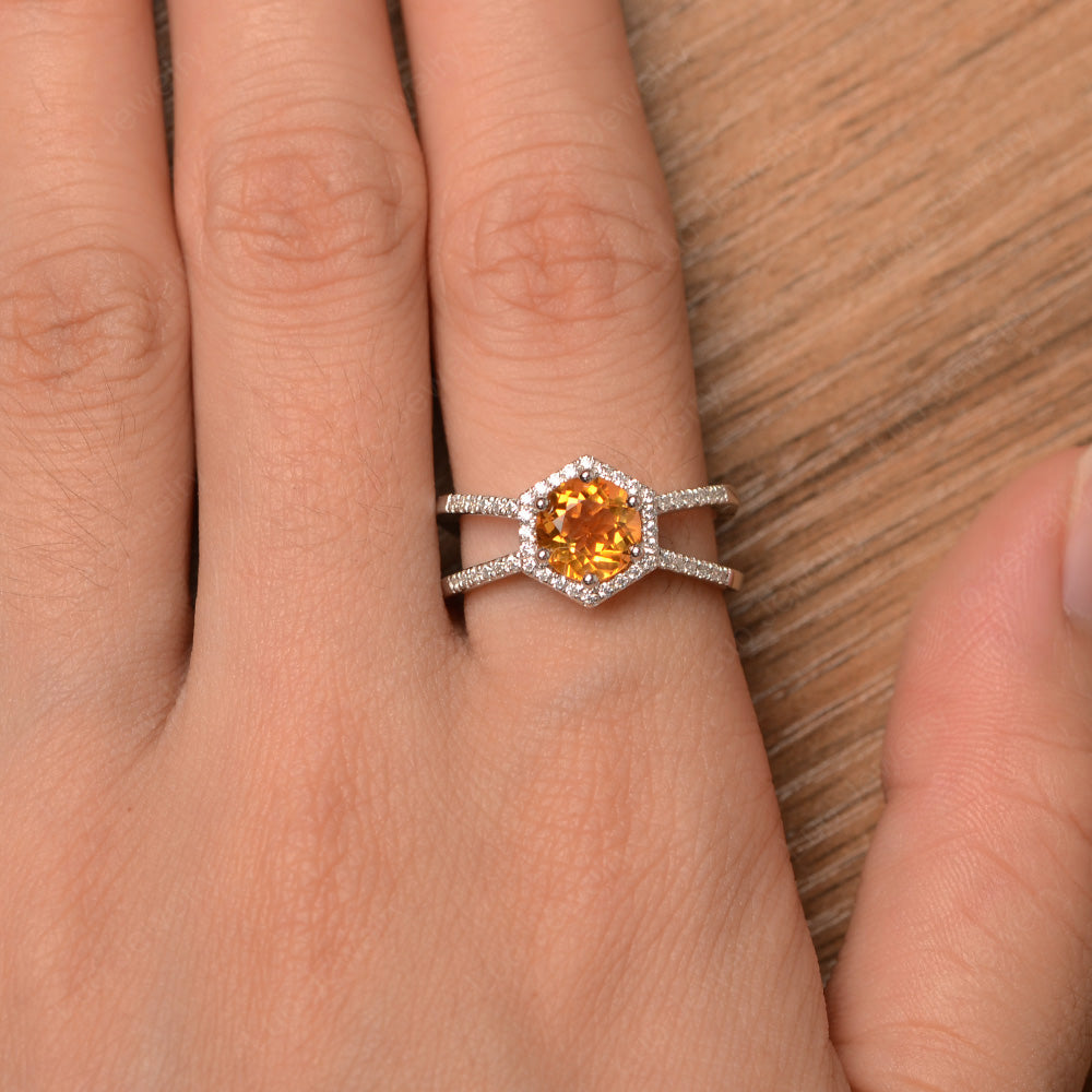 Hexagon Citrine Halo Ring With Split Shank - LUO Jewelry