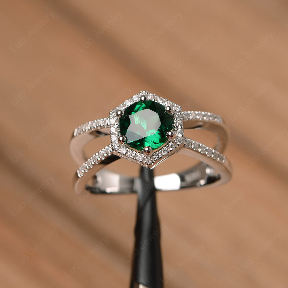 Hexagon Lab Emerald Halo Ring With Split Shank - LUO Jewelry