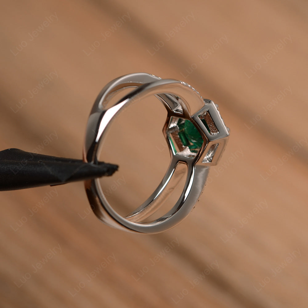 Hexagon Lab Emerald Halo Ring With Split Shank - LUO Jewelry