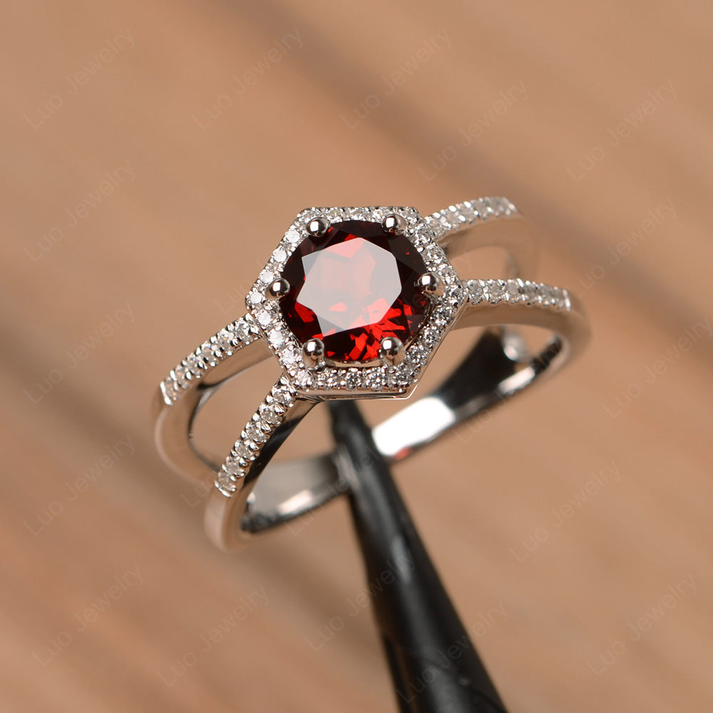 Hexagon Garnet Halo Ring With Split Shank - LUO Jewelry