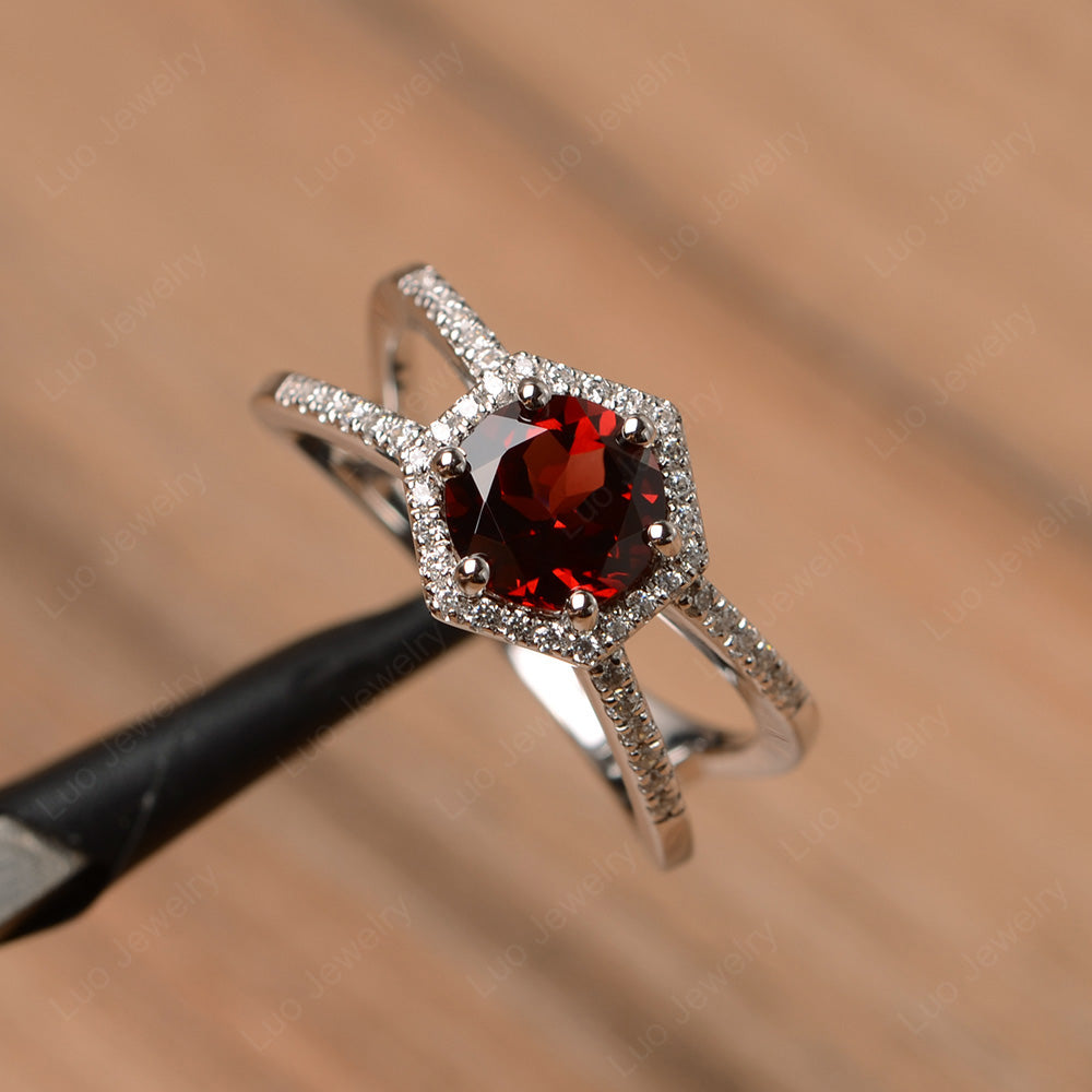 Hexagon Garnet Halo Ring With Split Shank - LUO Jewelry