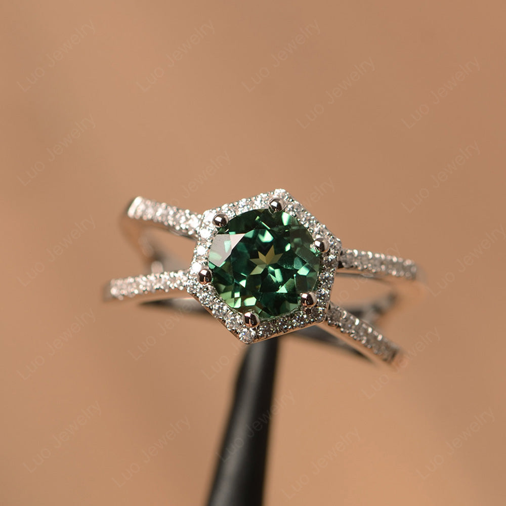 Hexagon Green Sapphire Halo Ring With Split Shank - LUO Jewelry