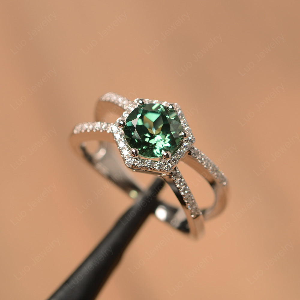 Hexagon Green Sapphire Halo Ring With Split Shank - LUO Jewelry