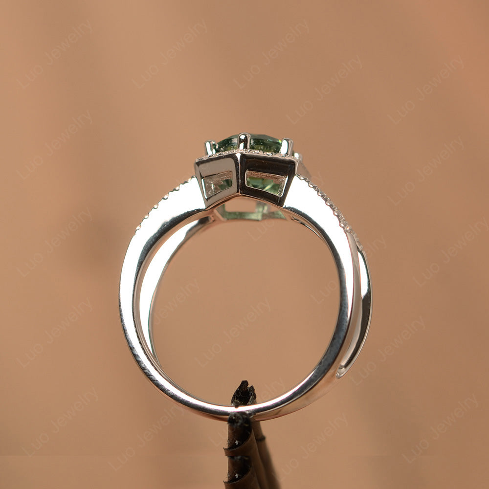 Hexagon Green Sapphire Halo Ring With Split Shank - LUO Jewelry