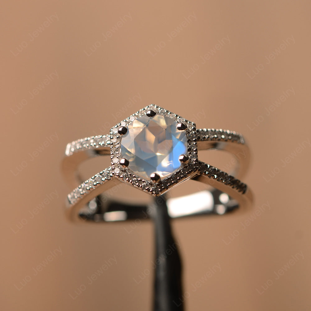 Hexagon Moonstone Halo Ring With Split Shank - LUO Jewelry