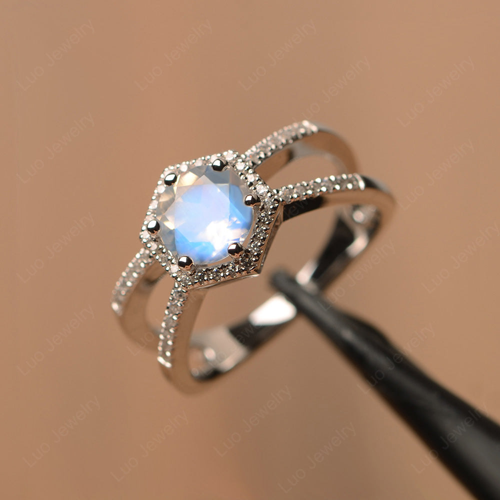 Hexagon Moonstone Halo Ring With Split Shank - LUO Jewelry