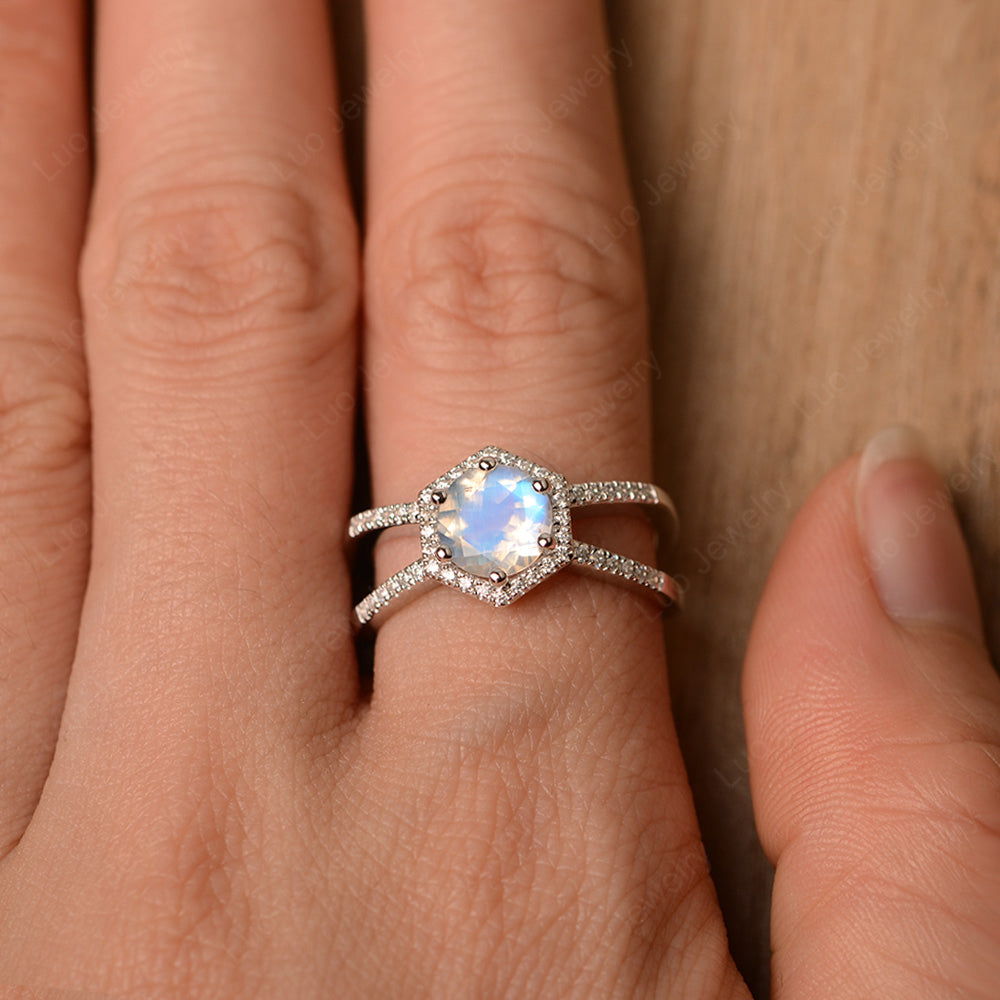 Hexagon Moonstone Halo Ring With Split Shank - LUO Jewelry